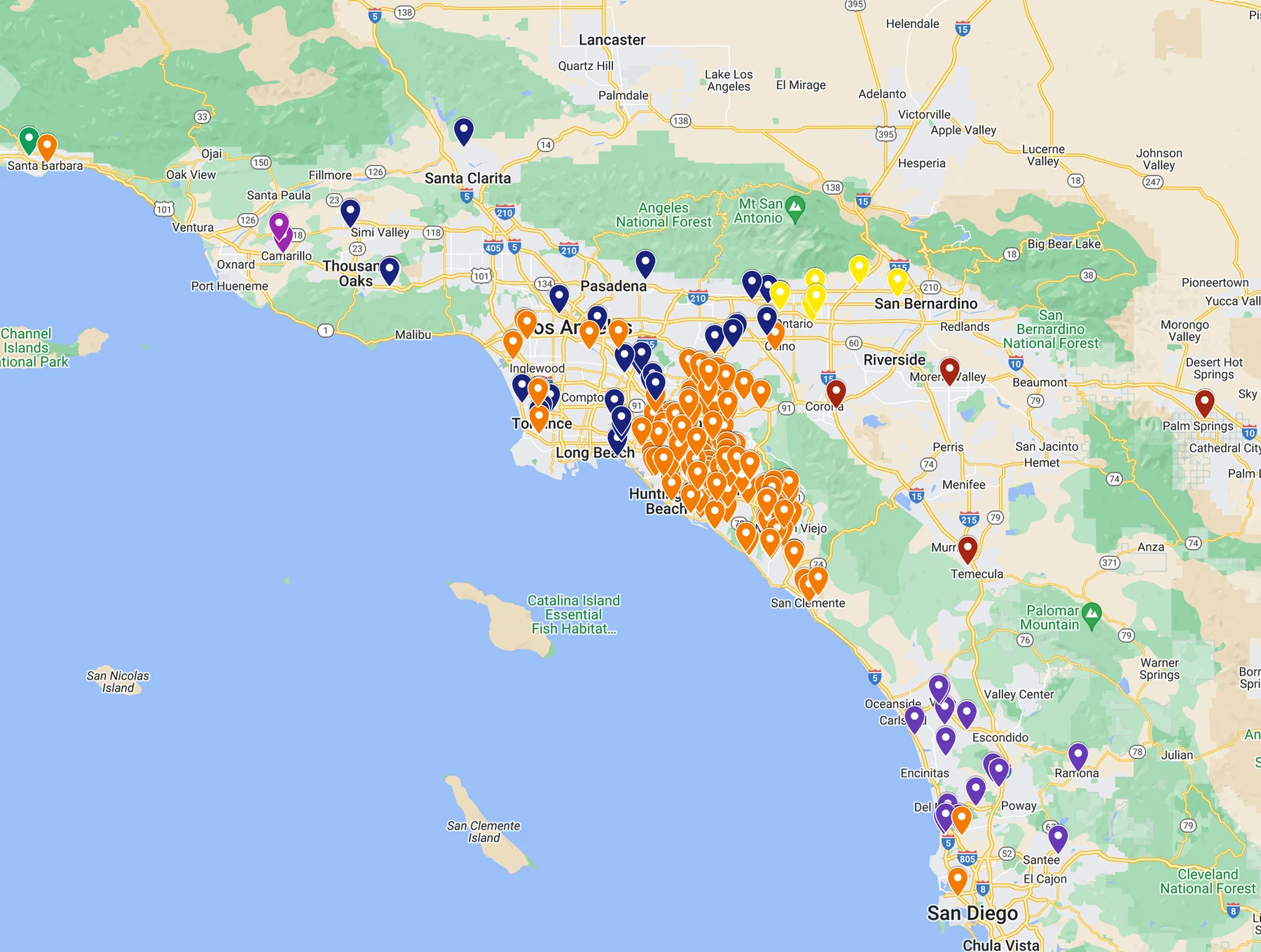 Google map showing PacificWest managed property locations throughout Southern California